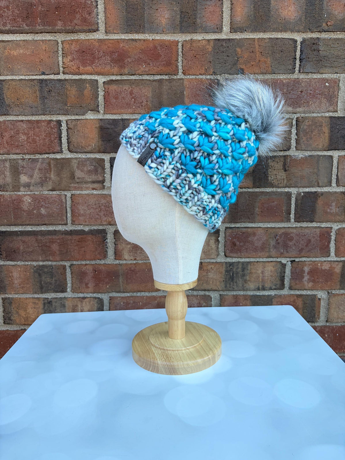 Luxury Blue Cyan Grey Sparkle Merino Wool Knit Hat - Glitter Lotus Flower Beanie Hand Knit Hat with Hand Dyed Yarn