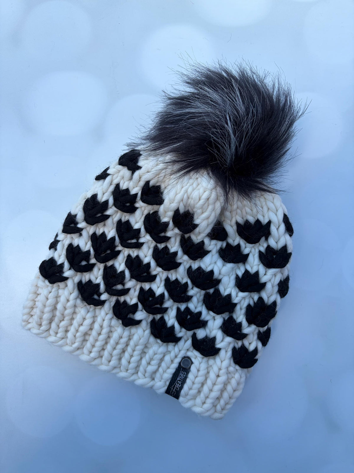 Luxury Black and White Merino Wool Knit Hat - Neutral Lotus Flower Beanie Hand Knit Hat with Hand Dyed Yarn