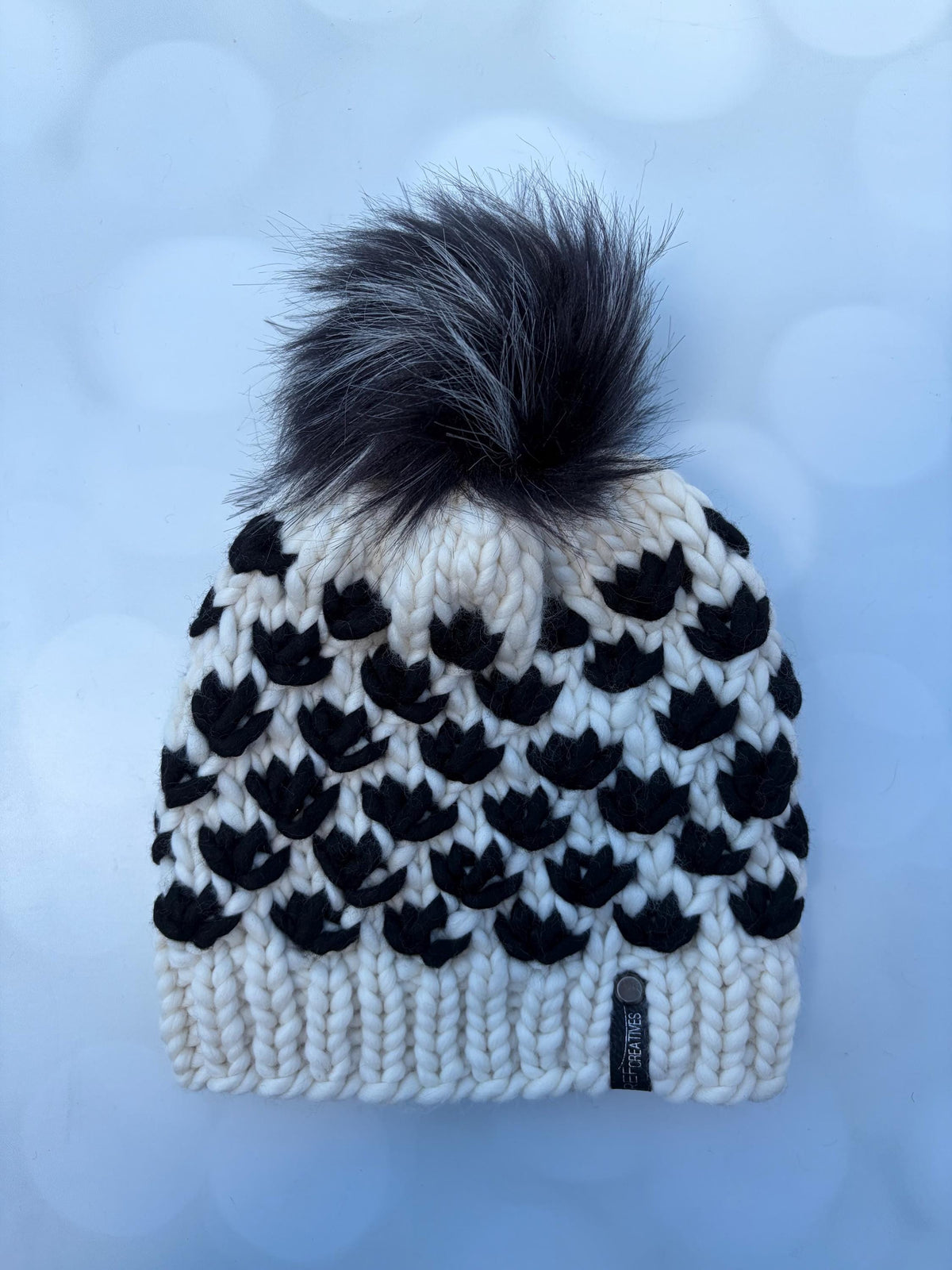 Luxury Black and White Merino Wool Knit Hat - Neutral Lotus Flower Beanie Hand Knit Hat with Hand Dyed Yarn