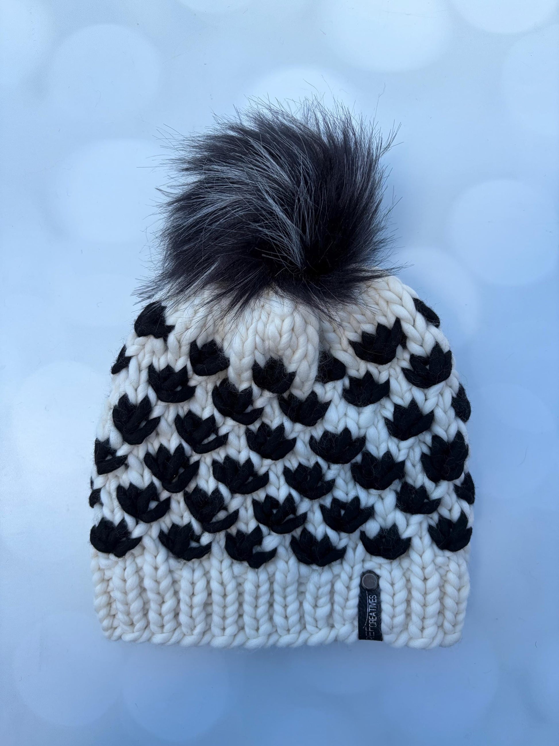 Luxury Black and White Merino Wool Knit Hat - Neutral Lotus Flower Beanie Hand Knit Hat with Hand Dyed Yarn