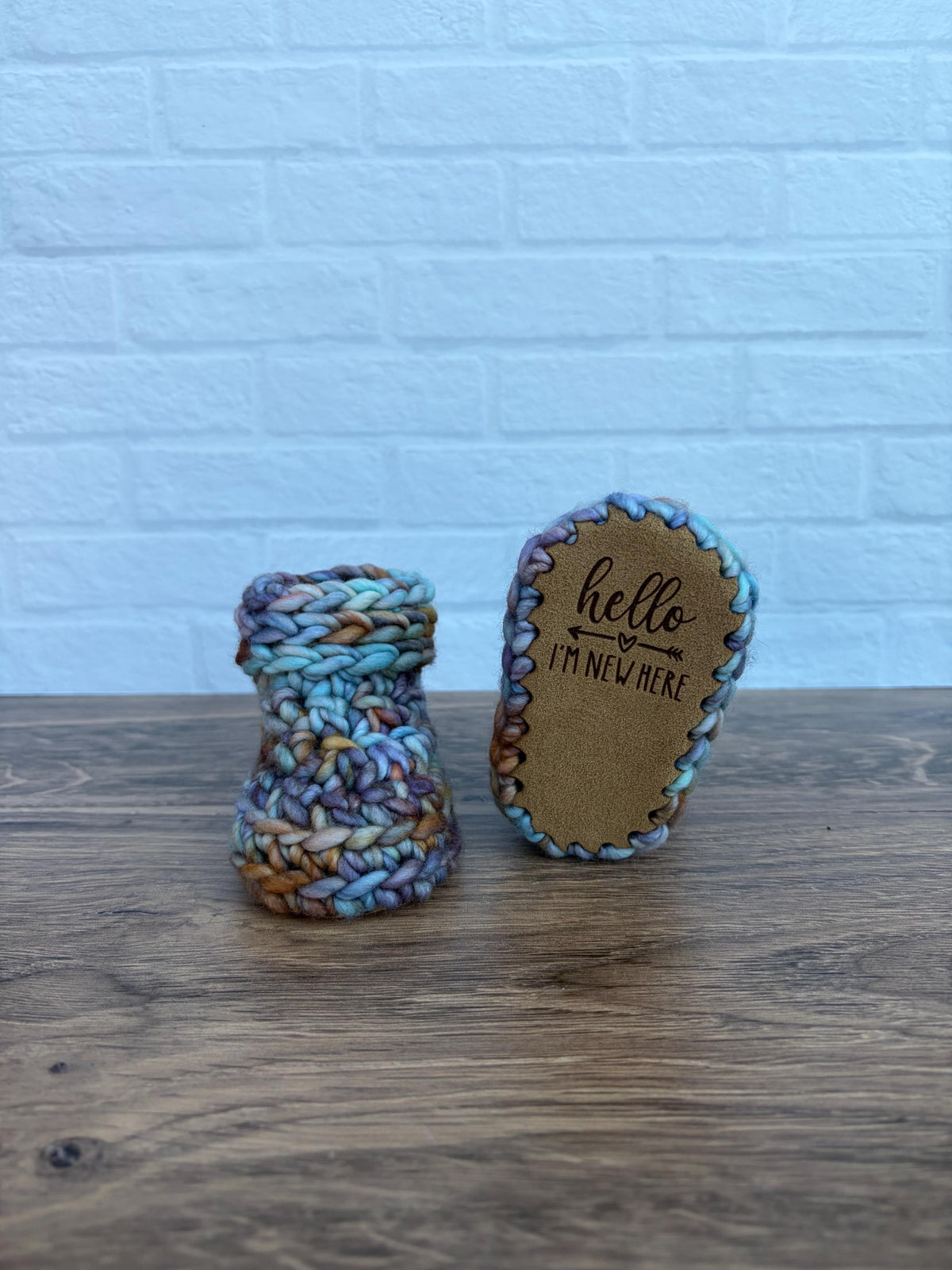 3-6 months - Luxury Blues and Gold “Hello I’m New Here” Merino Wool Crochet Baby Booties - Hand Crocheted Baby Booties with Hand Dyed Yarn