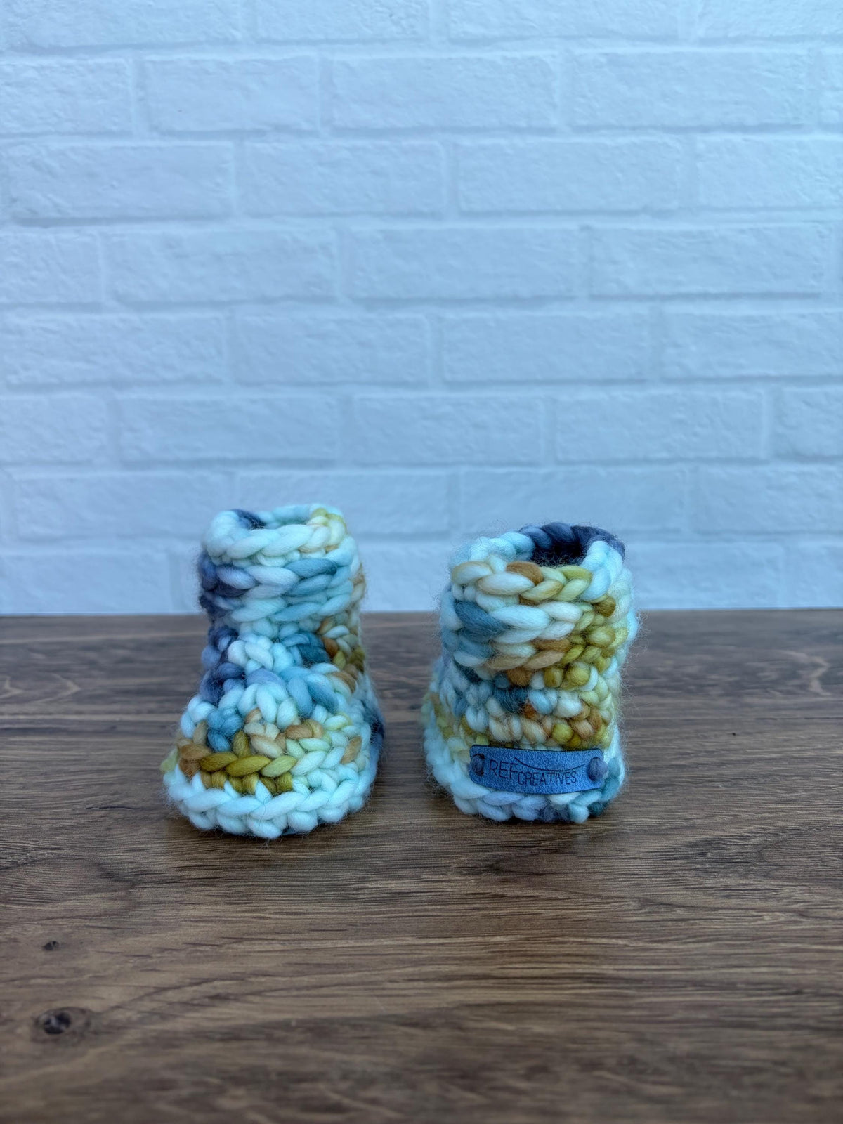 3-6 months - Luxury Blues and Gold “Hello I’m New Here” Merino Wool Crochet Baby Booties - Hand Crocheted Baby Booties with Hand Dyed Yarn