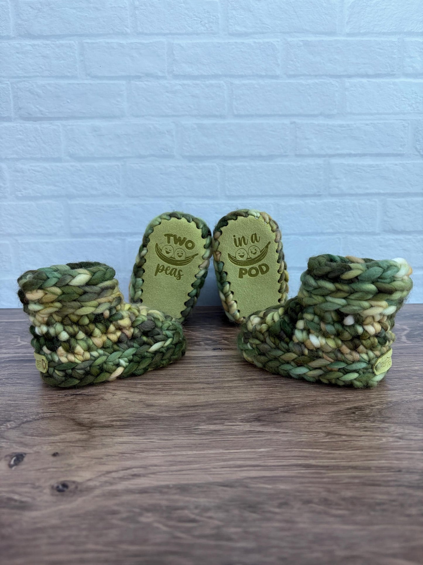 3-6 months - Luxury Green and Yellow “Two Peas in a Pod” Merino Wool Twin Baby Booties - Hand Crocheted Baby Booties with Hand Dyed Yarn