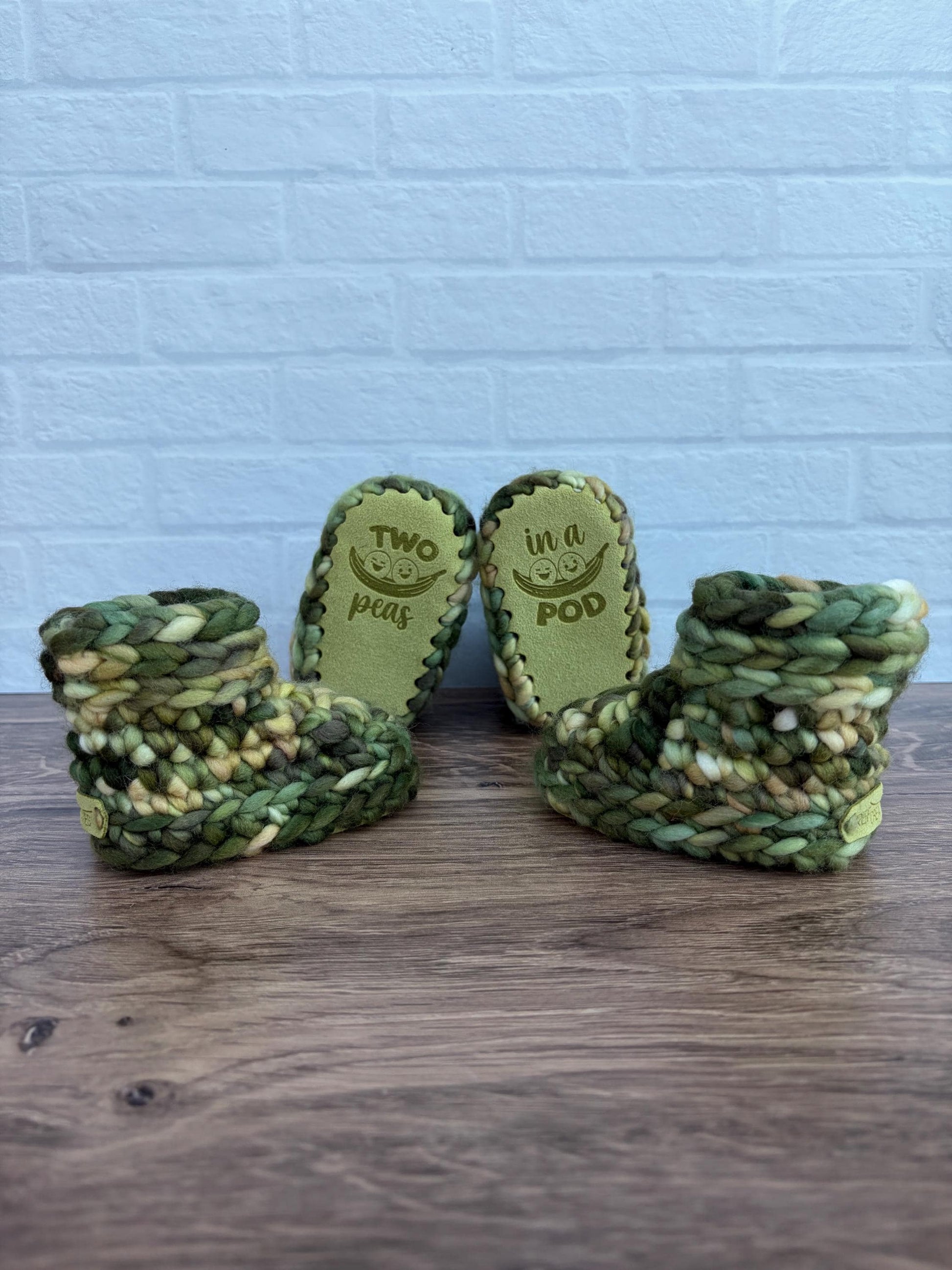 3-6 months - Luxury Green and Yellow “Two Peas in a Pod” Merino Wool Twin Baby Booties - Hand Crocheted Baby Booties with Hand Dyed Yarn