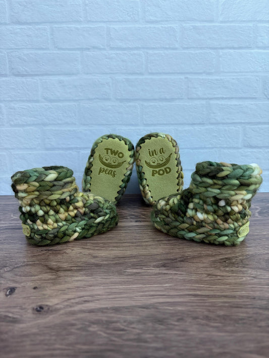 3-6 months - Luxury Green and Yellow “Two Peas in a Pod” Merino Wool Twin Baby Booties - Hand Crocheted Baby Booties with Hand Dyed Yarn
