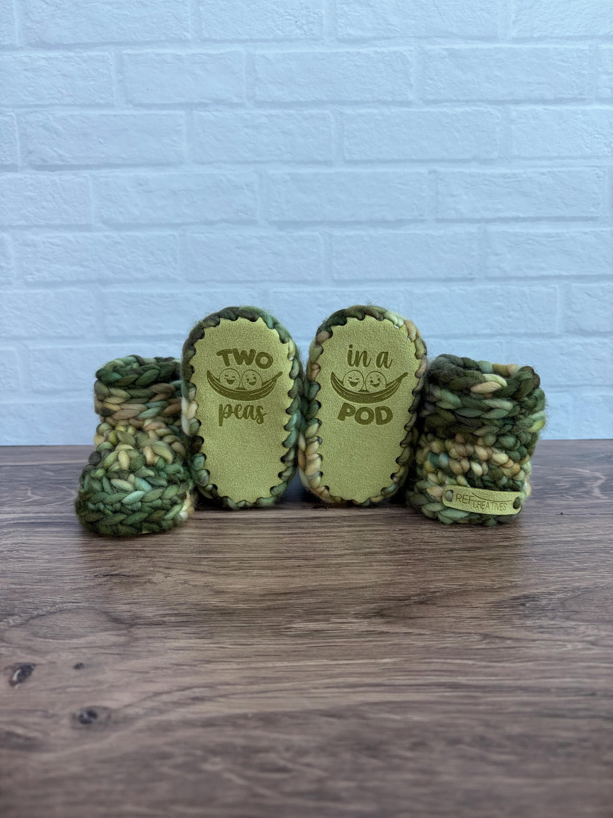 3-6 months - Luxury Green and Yellow “Two Peas in a Pod” Merino Wool Twin Baby Booties - Hand Crocheted Baby Booties with Hand Dyed Yarn