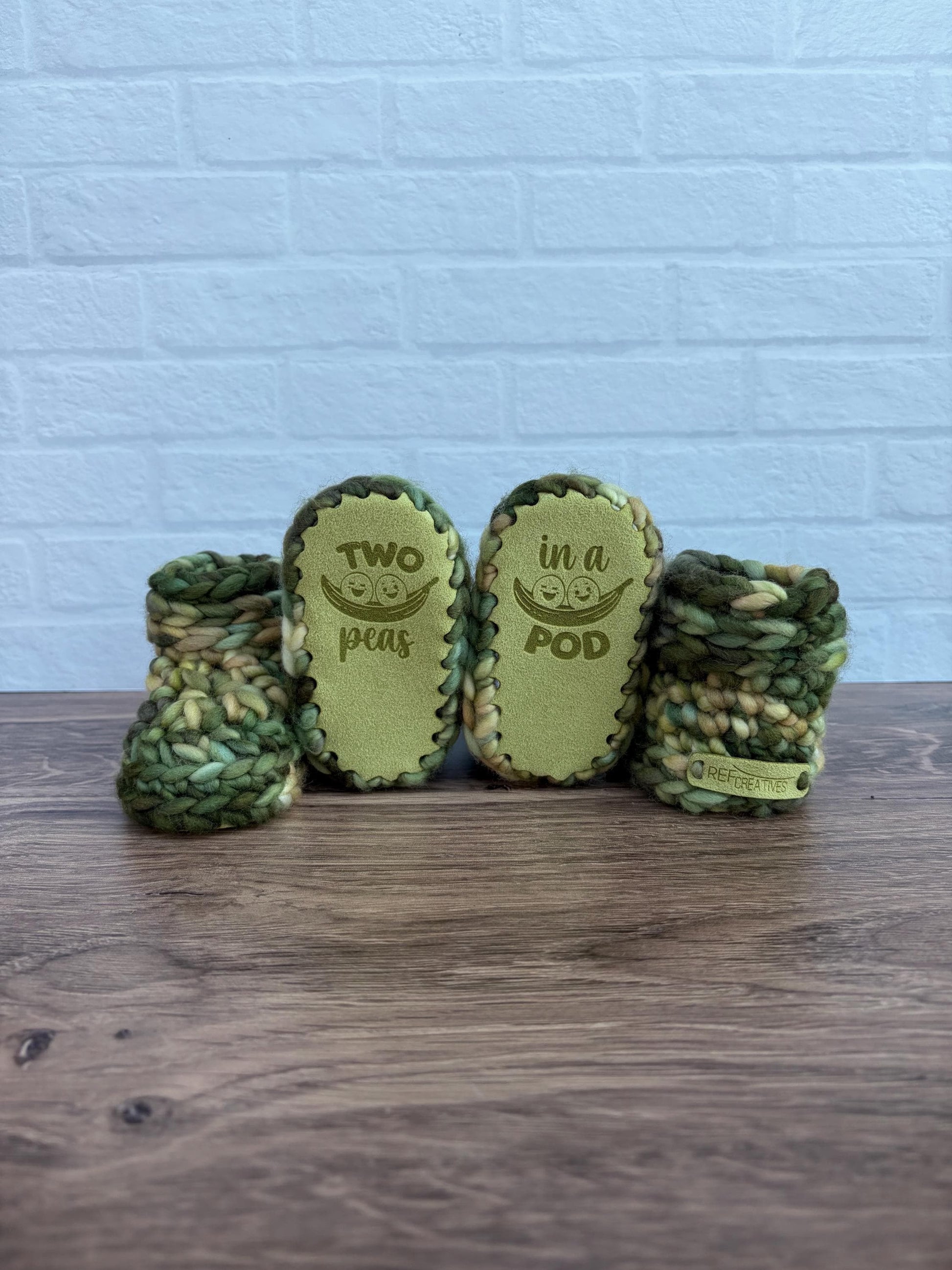 3-6 months - Luxury Green and Yellow “Two Peas in a Pod” Merino Wool Twin Baby Booties - Hand Crocheted Baby Booties with Hand Dyed Yarn