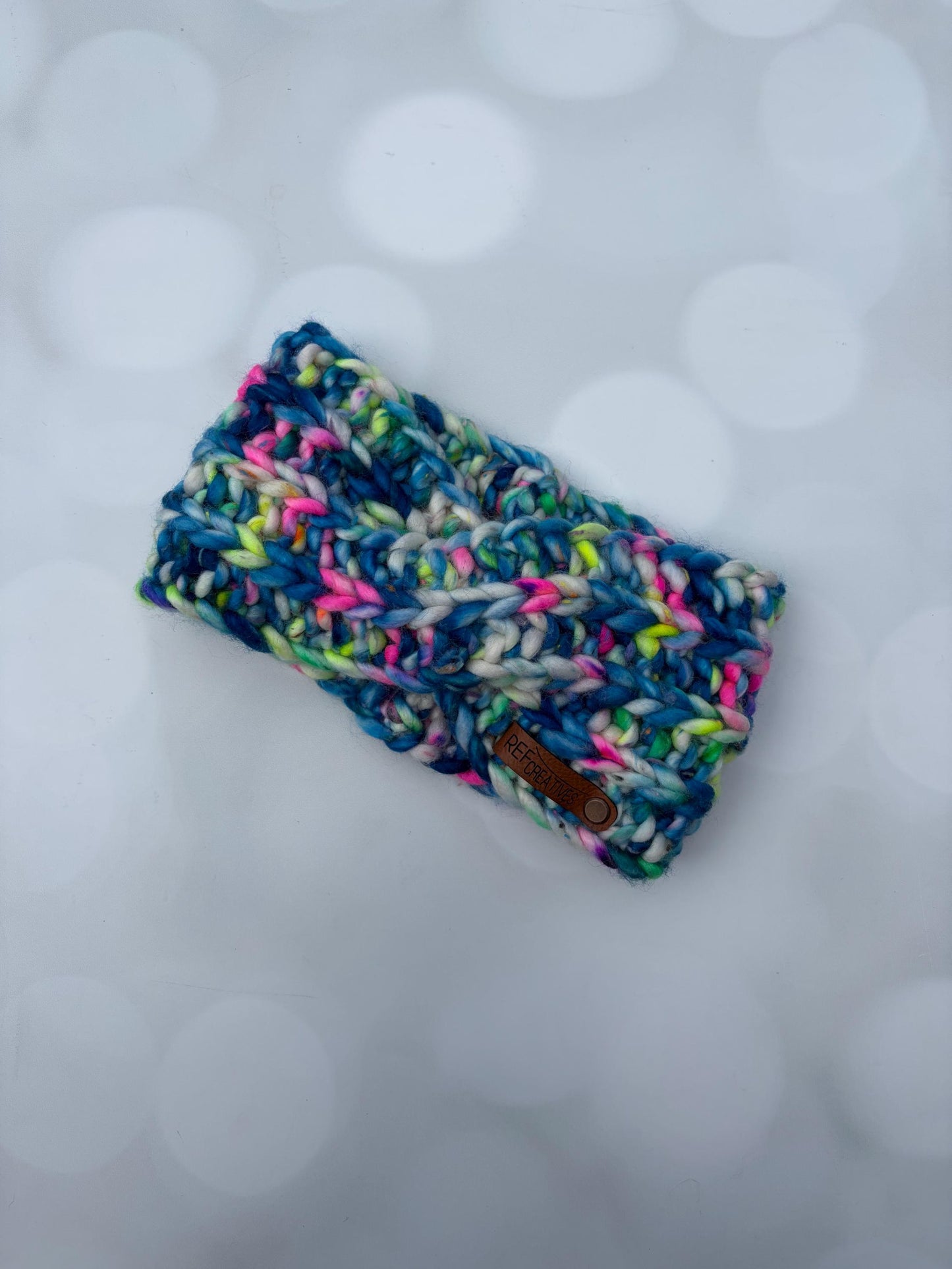 Luxury Blue and White Tweed Hand Knit Ear Warmer with Hand Dyed Yarn