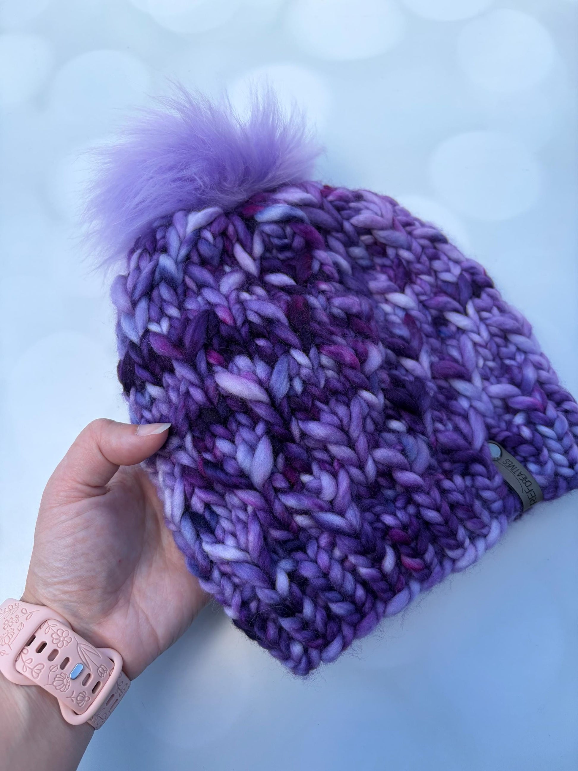 Luxury Merino Purple Knit Hat - Rosewood Bloom Beanie Hand Knit Hat with Hand Dyed Yarn