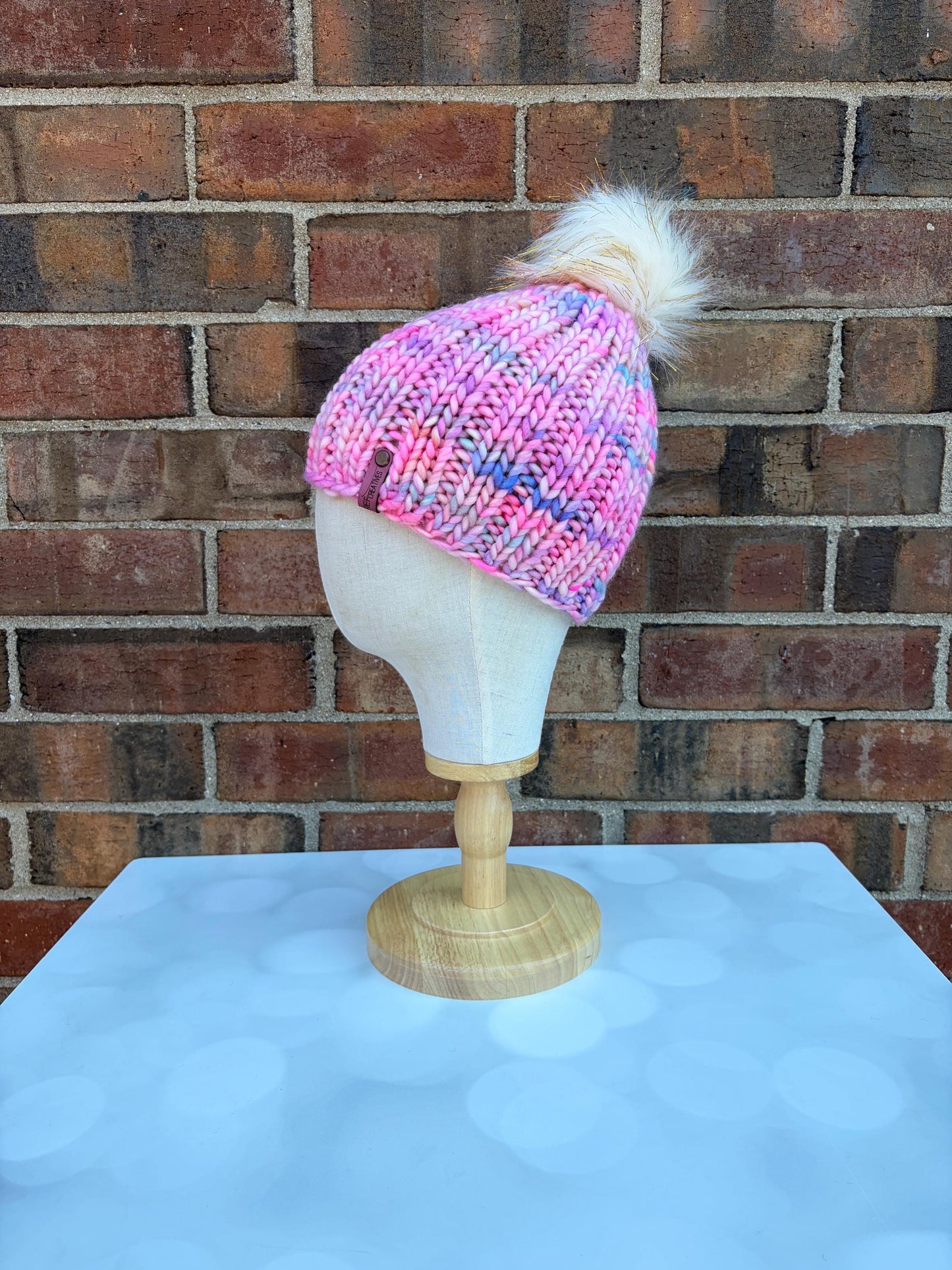 Luxury Pink Merino Wool Ribbed Knit Hat - Wild Rose Classic Beanie Hand Knit Hat with Hand Painted Yarn