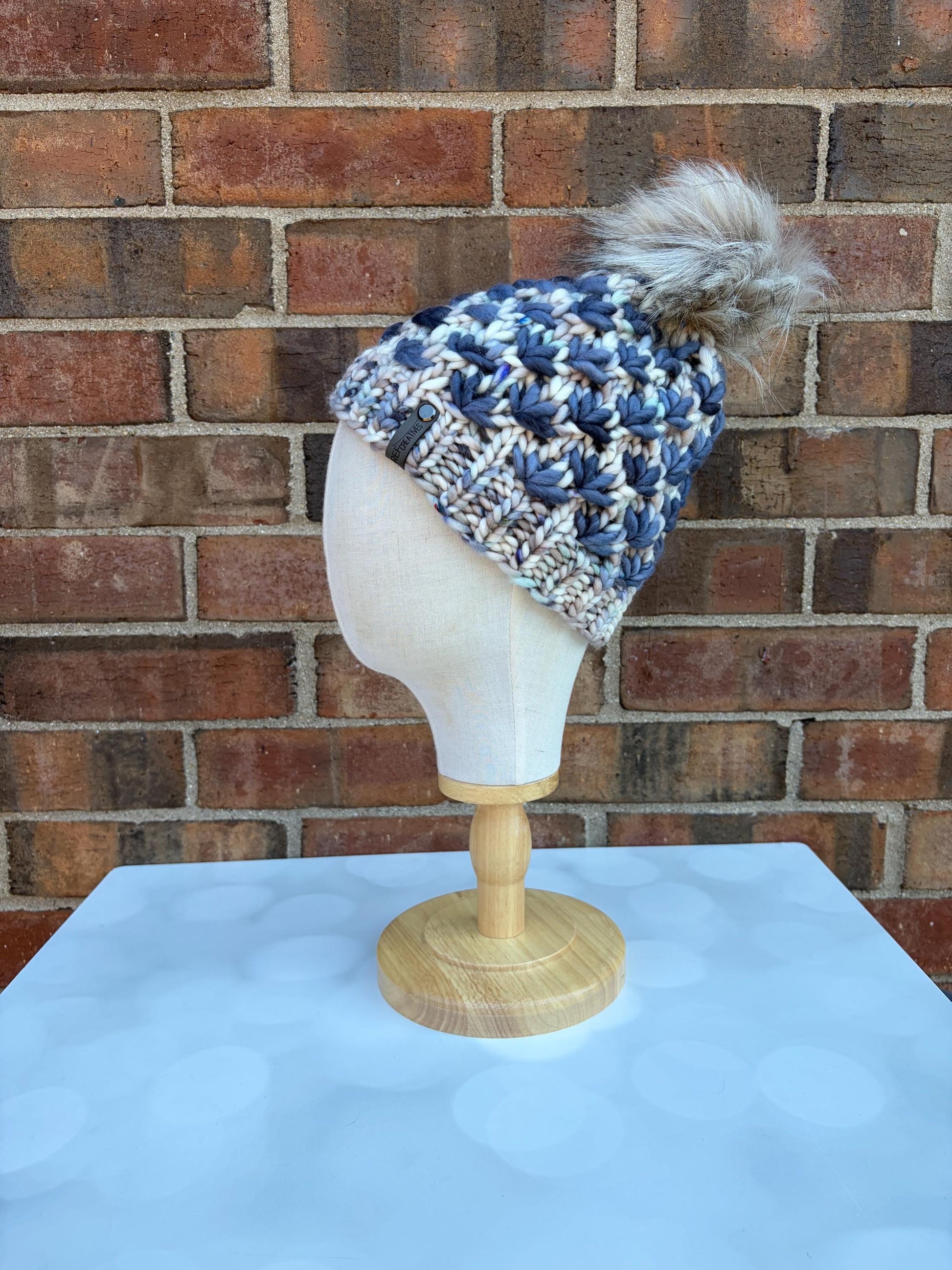 Luxury Blue Merino Wool Knit Hat - Speckled Grey and Slate Blue Lotus Flower Beanie Hand Knit Hat with Hand Dyed Yarn