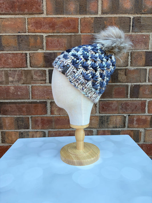 Luxury Blue Merino Wool Knit Hat - Speckled Grey and Slate Blue Lotus Flower Beanie Hand Knit Hat with Hand Dyed Yarn