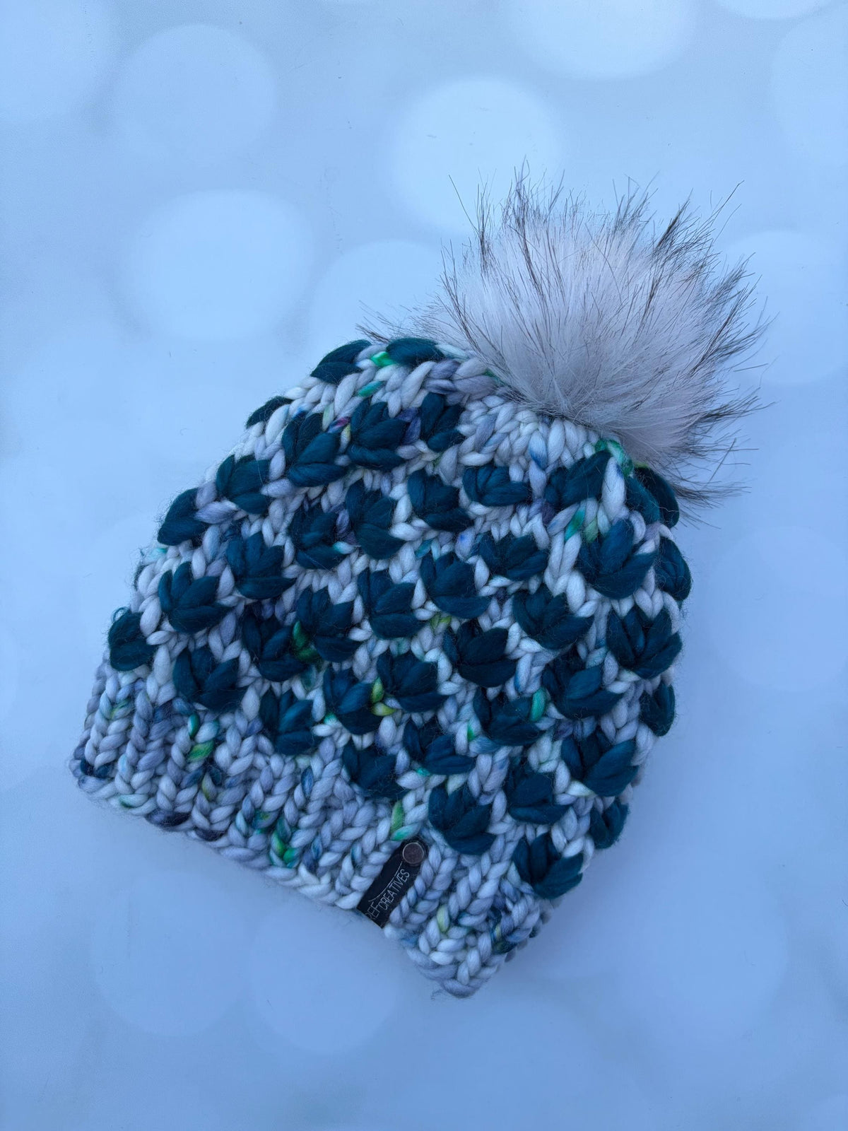 Luxury Flower Merino Wool Knit Hat - Speckled Grey and Teal Lotus Flower Beanie Hand Knit Hat with Hand Dyed Yarn