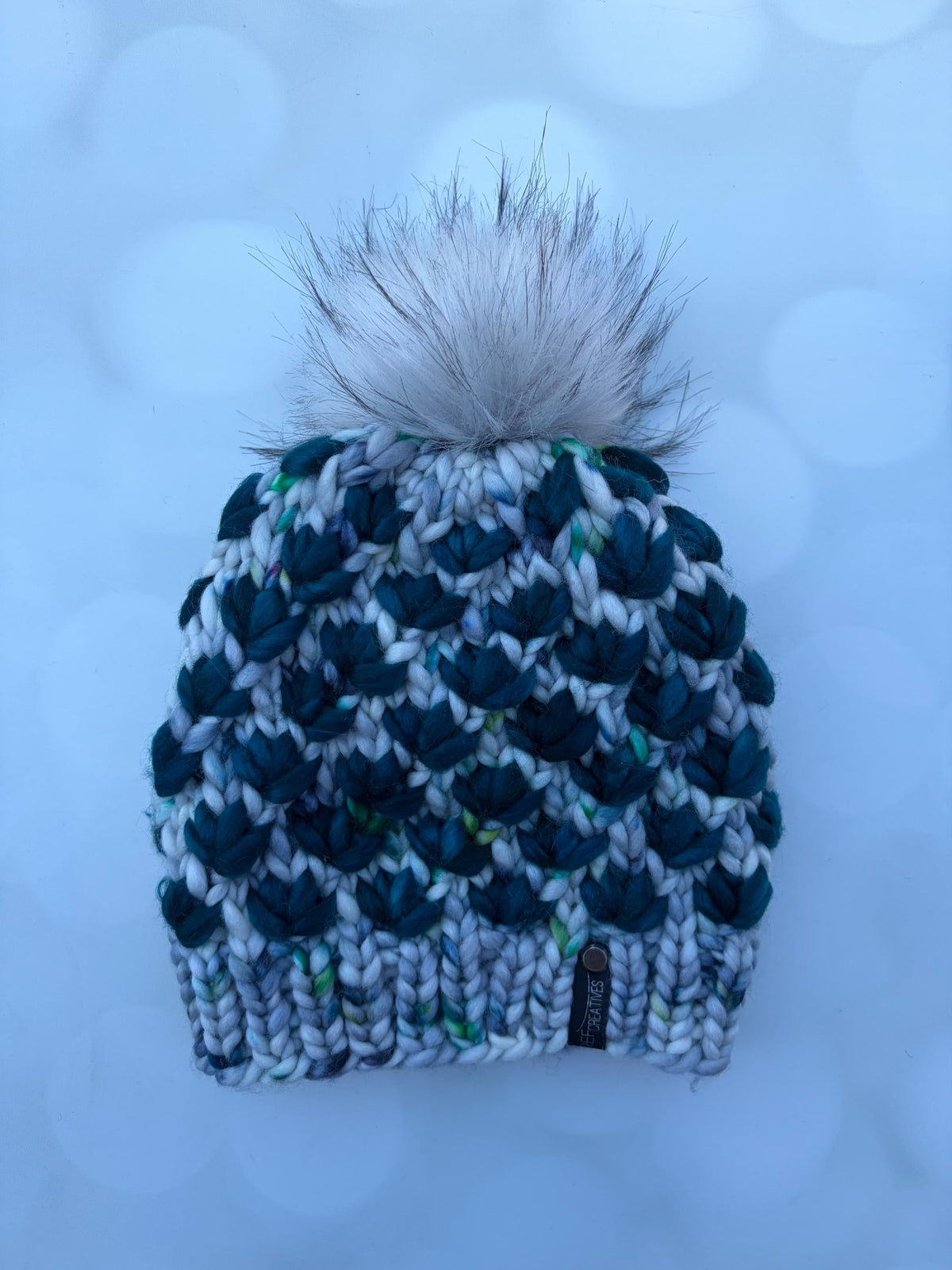 Luxury Flower Merino Wool Knit Hat - Speckled Grey and Teal Lotus Flower Beanie Hand Knit Hat with Hand Dyed Yarn