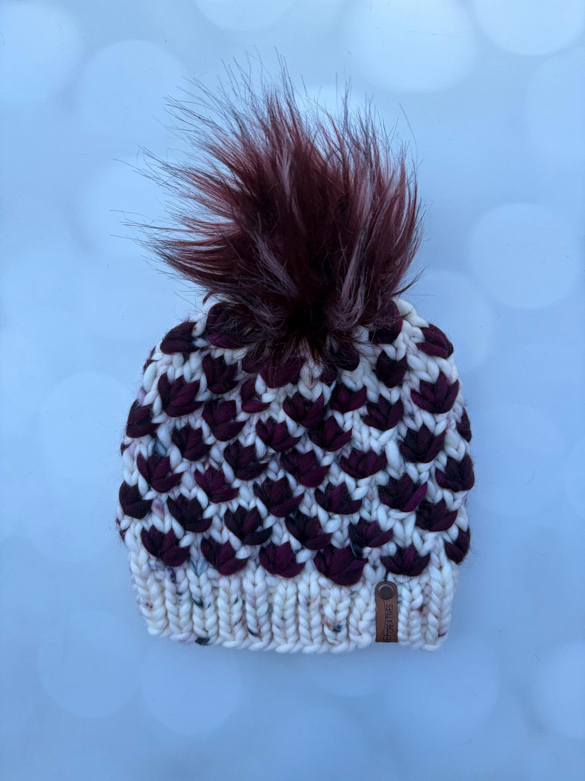 Luxury Wine and White Merino Wool Knit Hat - Speckled Lotus Flower Beanie Hand Knit Hat with Hand Dyed Yarn