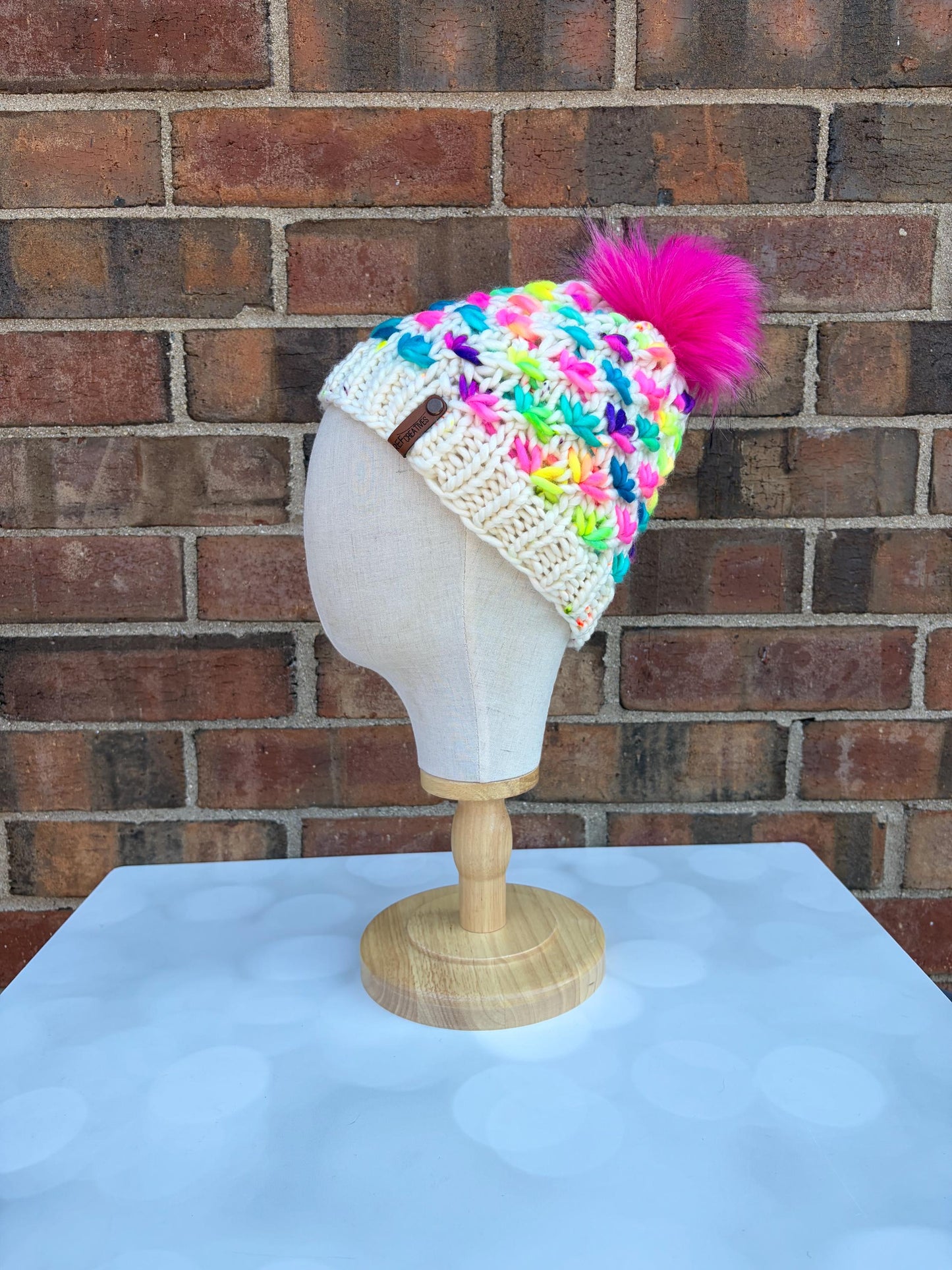 Luxury Rainbow Merino Wool Knit Hat - White and Rainbow Lotus Flower Beanie Hand Knit Hat with Hand Dyed Yarn