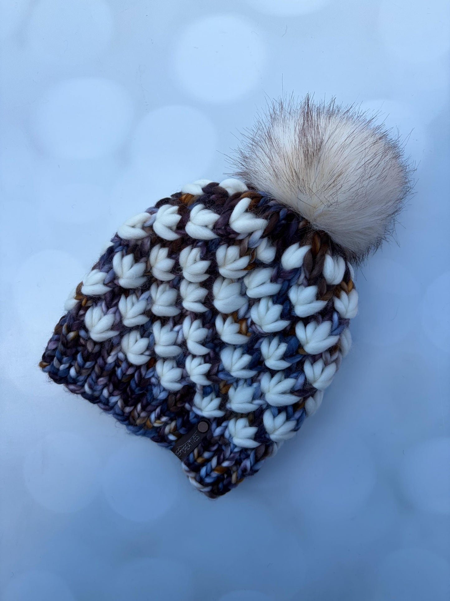 Luxury White Navy Brown Purple Merino Wool Knit Hat - Moody Lotus Flower Beanie Hand Knit Hat with Hand Dyed Yarn