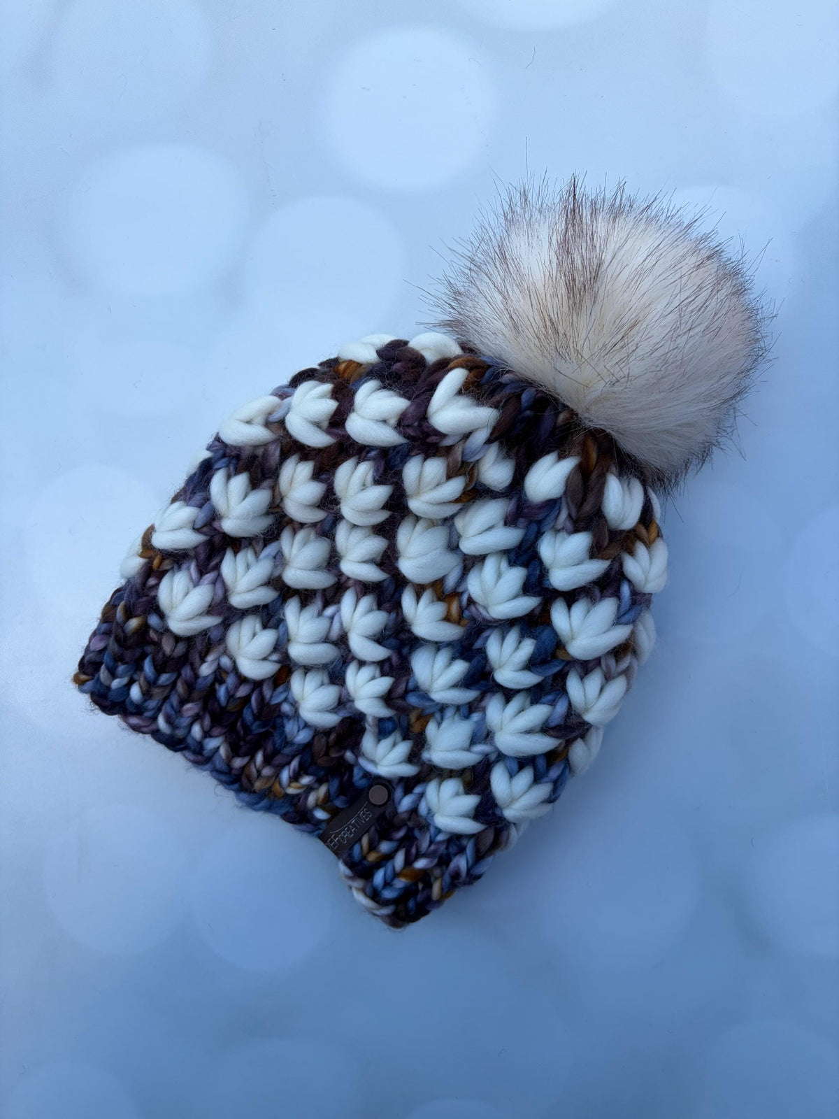 Luxury White Navy Brown Purple Merino Wool Knit Hat - Moody Lotus Flower Beanie Hand Knit Hat with Hand Dyed Yarn
