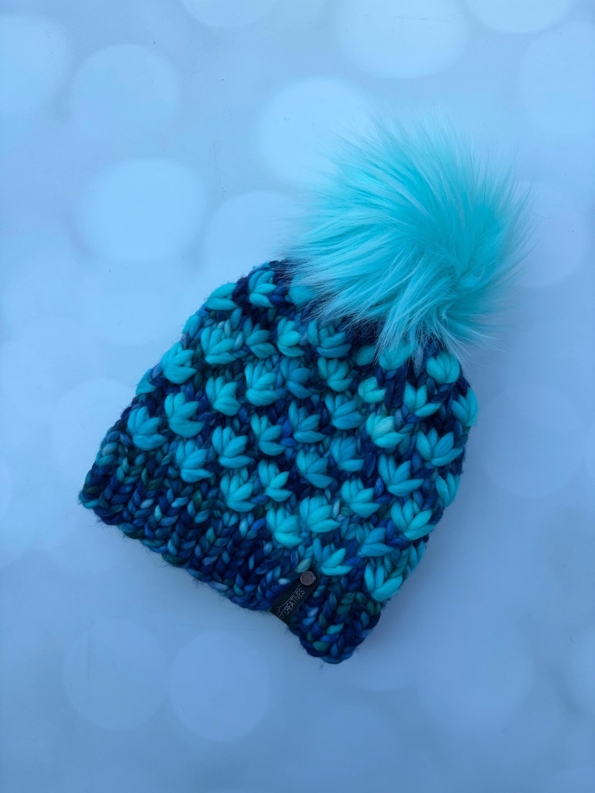 Luxury Blue Cyan Merino Wool Knit Hat - Oceany Lotus Flower Beanie Hand Knit Hat with Hand Dyed Yarn