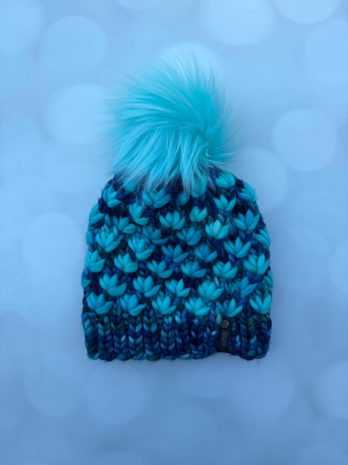 Luxury Blue Cyan Merino Wool Knit Hat - Oceany Lotus Flower Beanie Hand Knit Hat with Hand Dyed Yarn