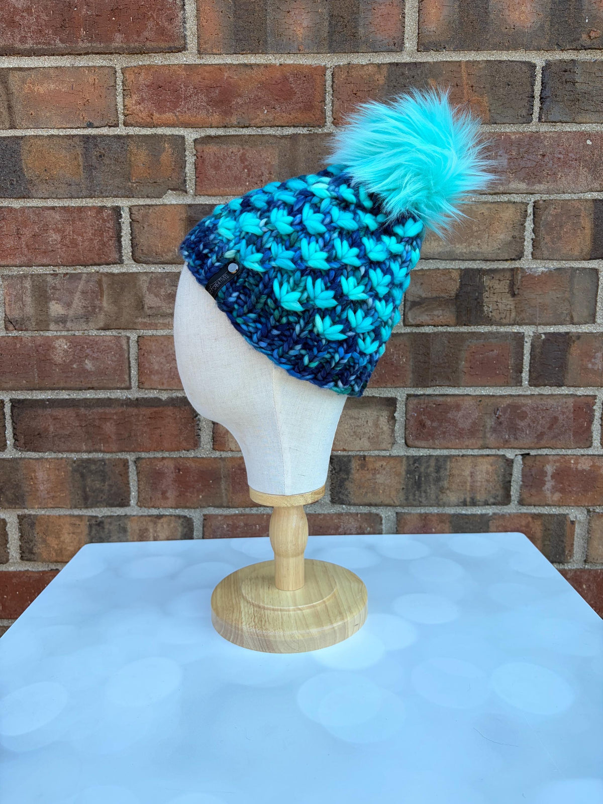 Luxury Blue Cyan Merino Wool Knit Hat - Oceany Lotus Flower Beanie Hand Knit Hat with Hand Dyed Yarn