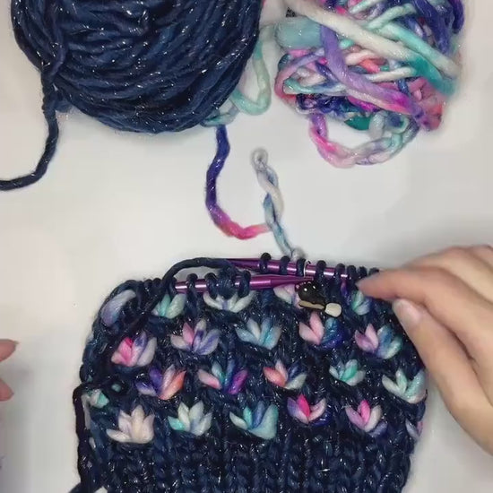 Luxury Blue Sparkle Merino Wool Knit Hat - Navy Pink Glitter Lotus Flower Beanie Hand Knit Hat with Hand Dyed Yarn