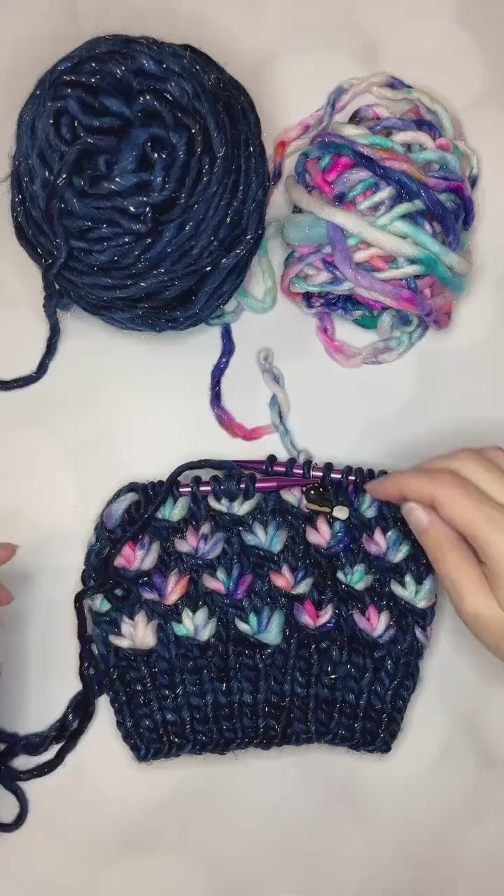 Luxury Blue Sparkle Merino Wool Knit Hat - Navy Pink Glitter Lotus Flower Beanie Hand Knit Hat with Hand Dyed Yarn