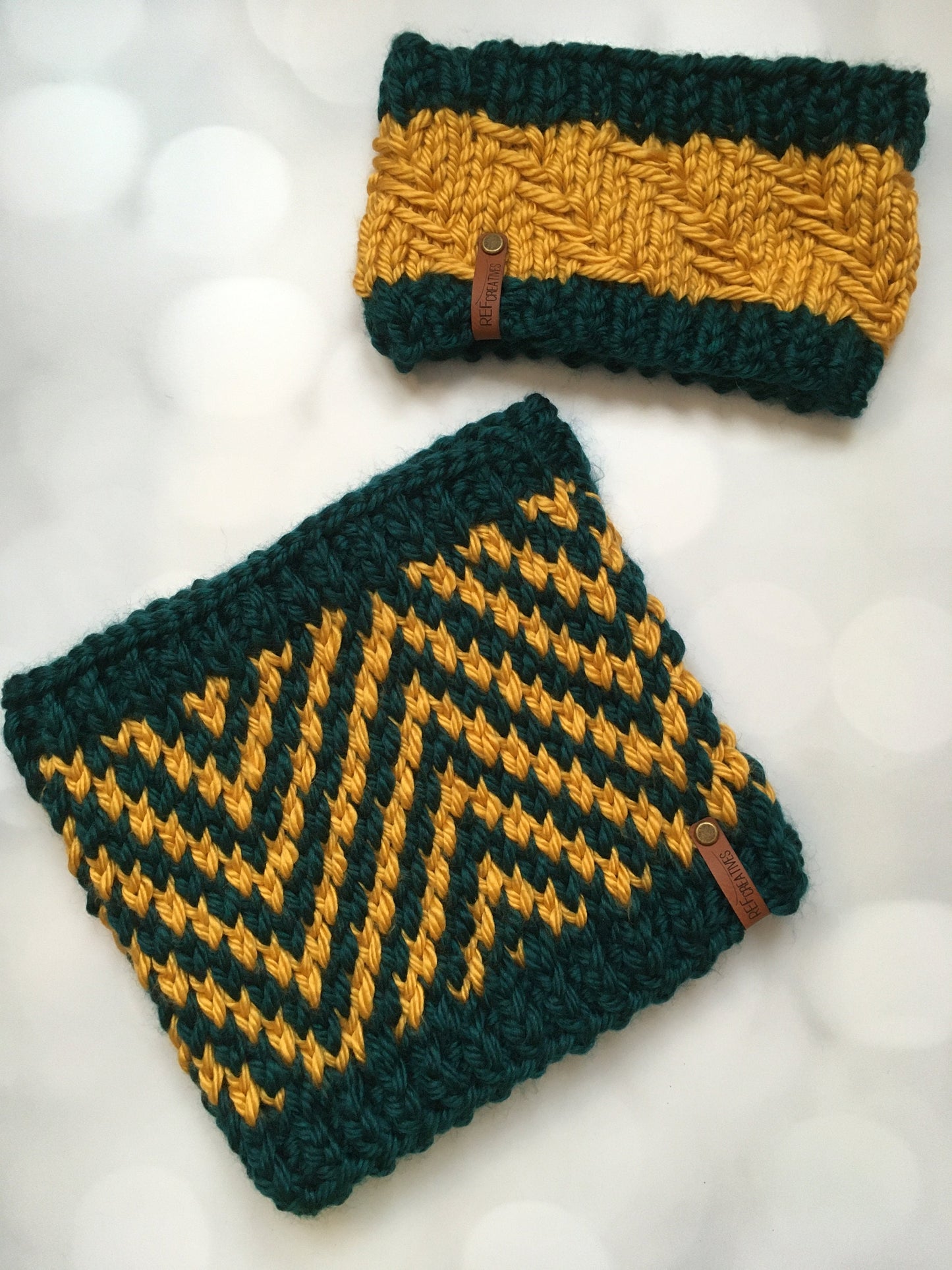 Teal and Mustard Hand Knit Cowl and Earwarmer