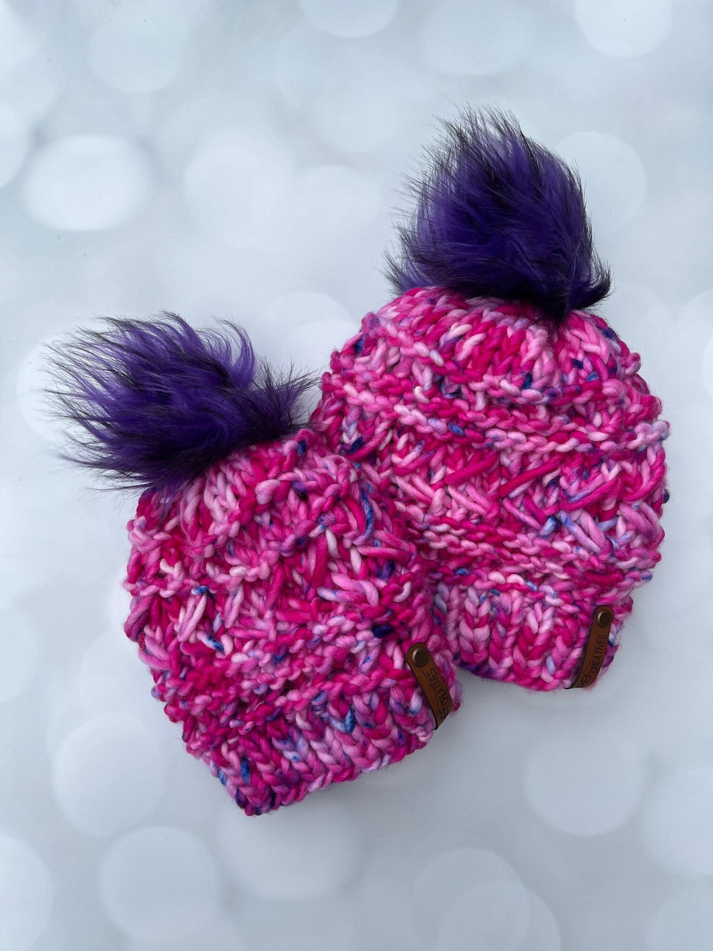 Bright Pink Mommy & Me Hand Knit Hat and Earwarmer Set with Hand Dyed Yarn