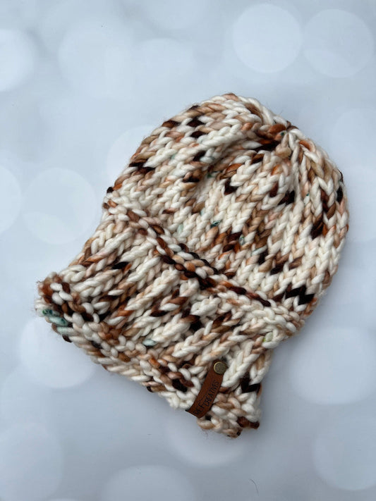 Luxury Brown Merino Wool Knit Hat - Twisted Brim Beanie Hand Knit Hat with Hand Dyed Yarn