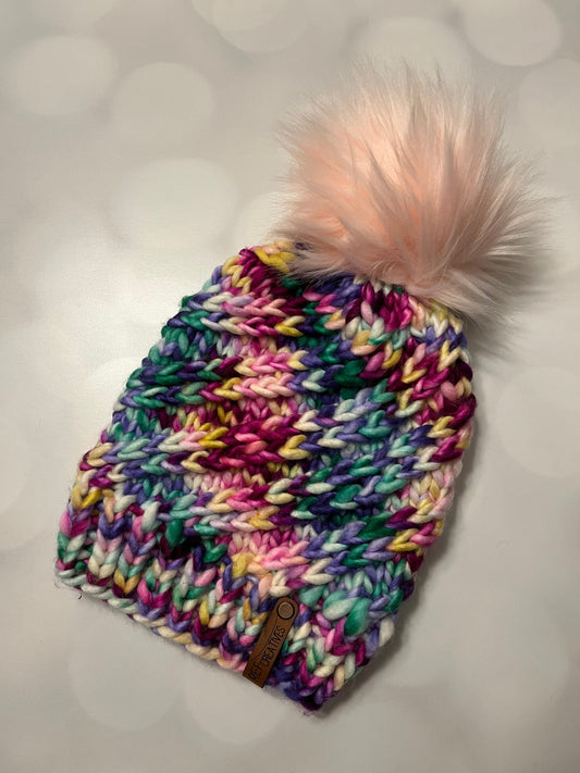Happy Bright Swirls Hand Knit Hat with Hand Dyed Yarn