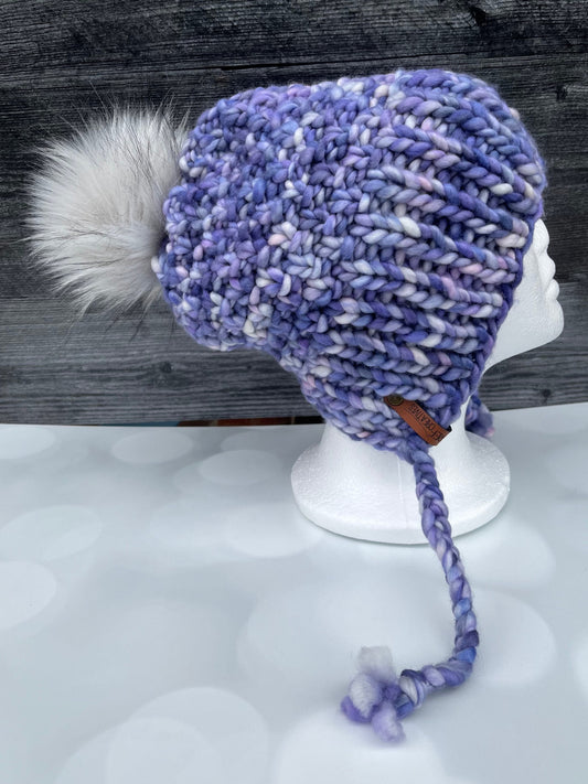 Purple Bonnet Style Knit Hat with Hand Dyed Yarn
