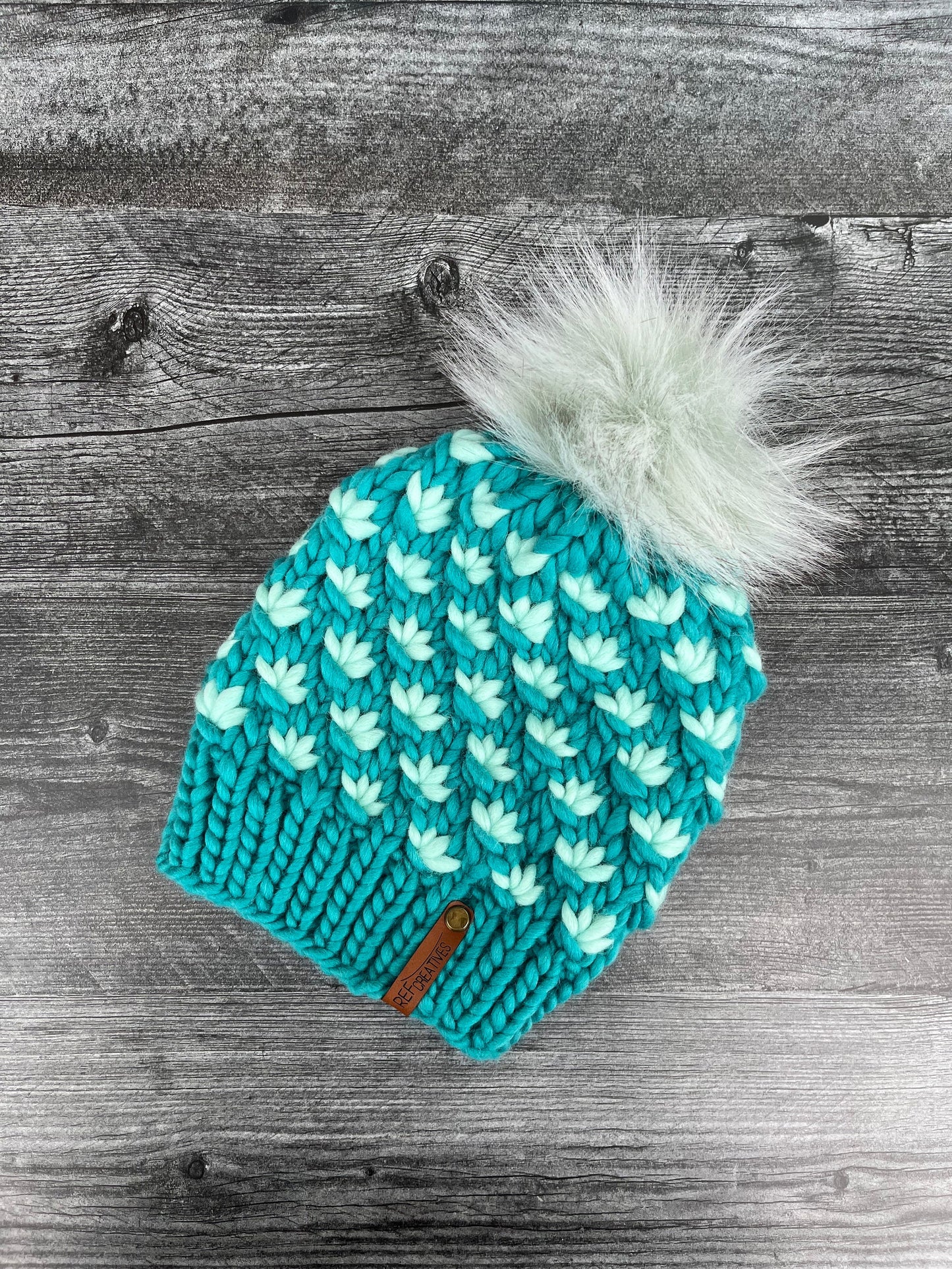 Luxury Teal Merino Wool Knit Hat - Teal and Mint Lotus Flower Beanie Hand Knit Hat with Hand Dyed Yarn