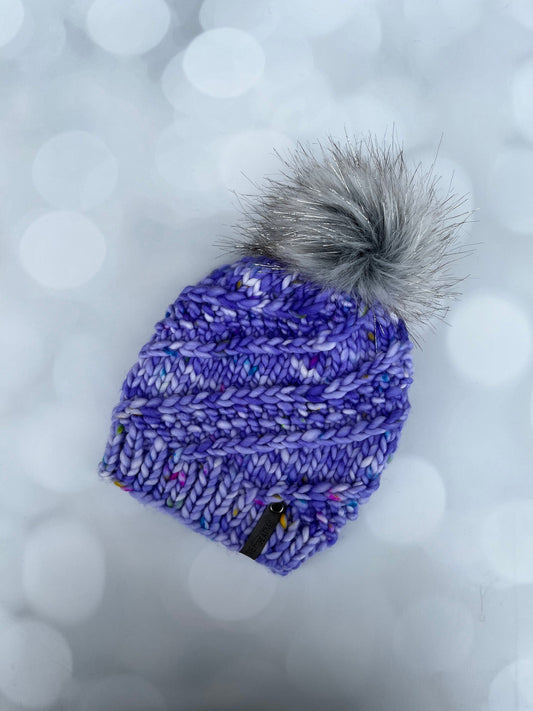 Luxury Purple Merino Wool Knit Hat - Rainbow Nerds Sidewinder Hand Knit Hat with Hand Dyed Yarn