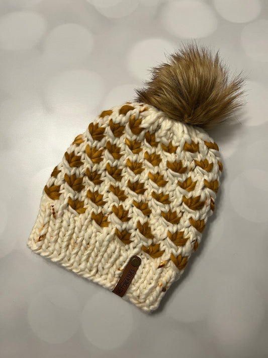 Cream and Cider Lotus Flower Beanie Hand Knit Hat with Hand Dyed Yarn