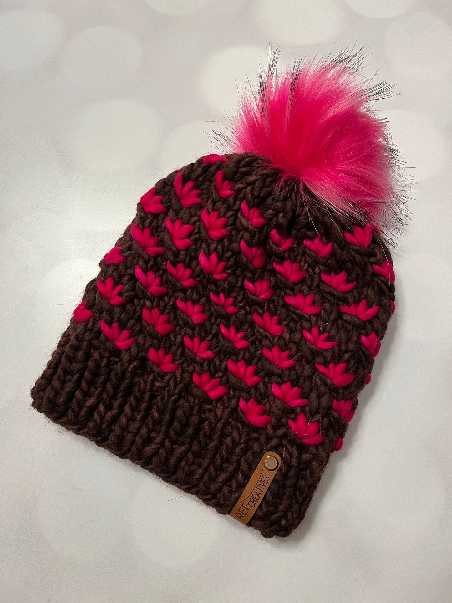 Brown and Pink Lotus Flower Beanie Hand Knit Hat with Hand Dyed Yarn