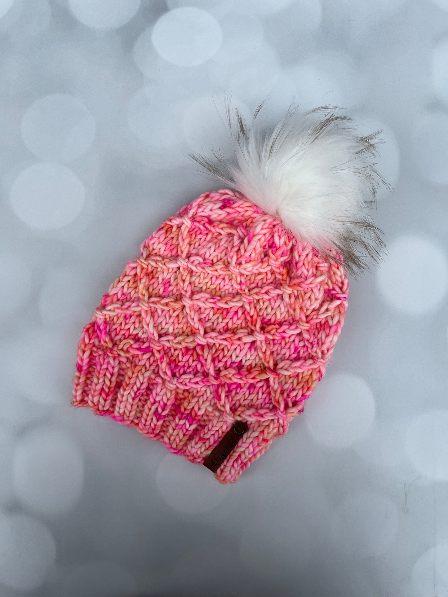 Luxury Pink Merino Wool Knit Hat - Neon Sherbert Lattice Beanie Hand Knit Hat with Hand Dyed Yarn
