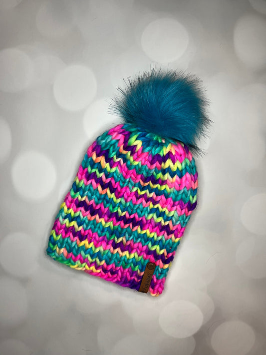 Luxury Rainbow Merino Wool Knit Hat - “90s Stickers” Beanie Hand Knit Hat with Hand Dyed Yarn