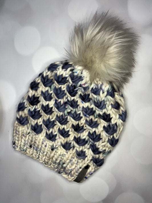 Luxury Blue Merino Wool Knit Hat - Speckled Grey and Slate Blue Lotus Flower Beanie Hand Knit Hat with Hand Dyed Yarn