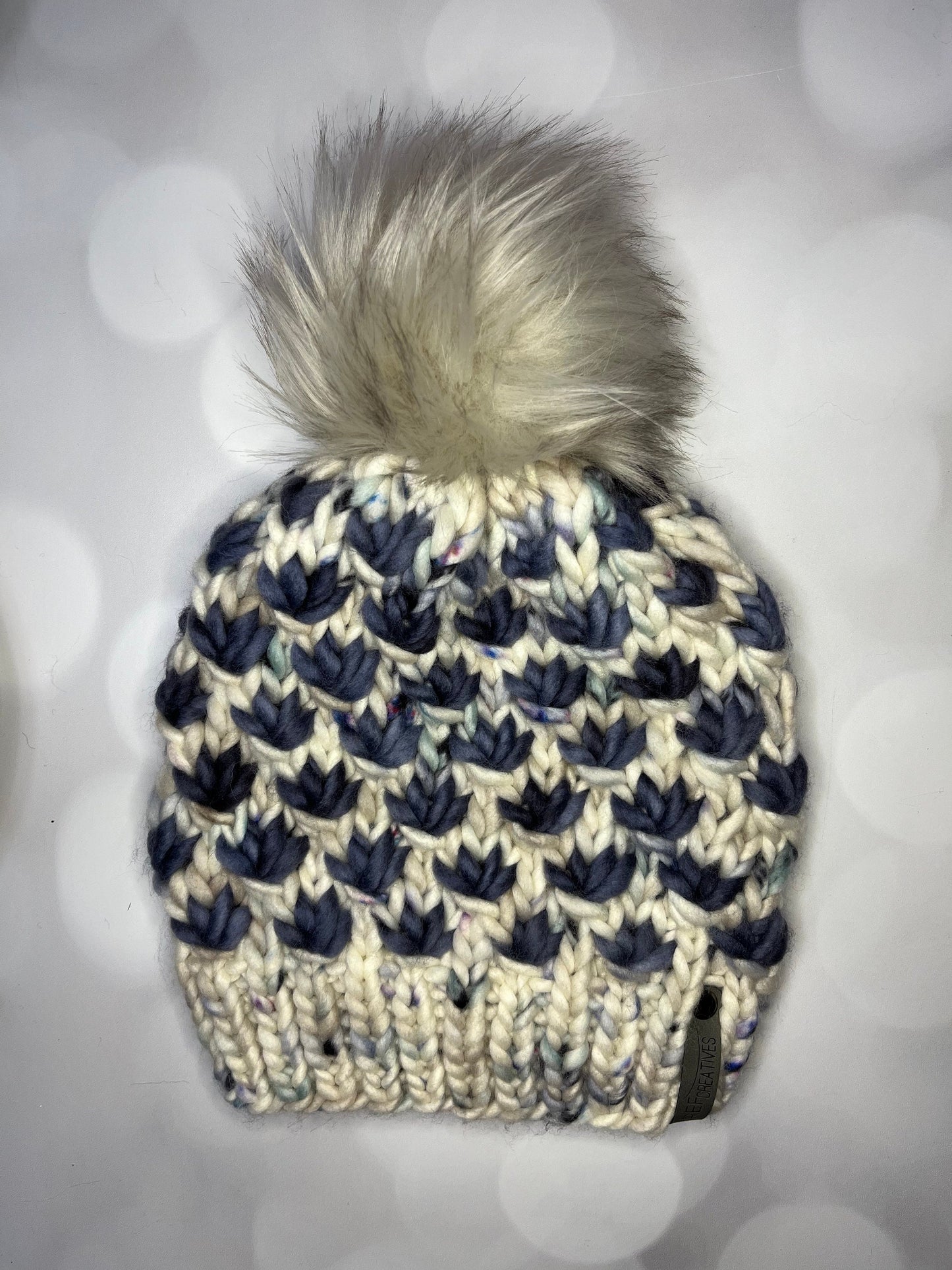 Luxury Blue Merino Wool Knit Hat - Speckled Grey and Slate Blue Lotus Flower Beanie Hand Knit Hat with Hand Dyed Yarn