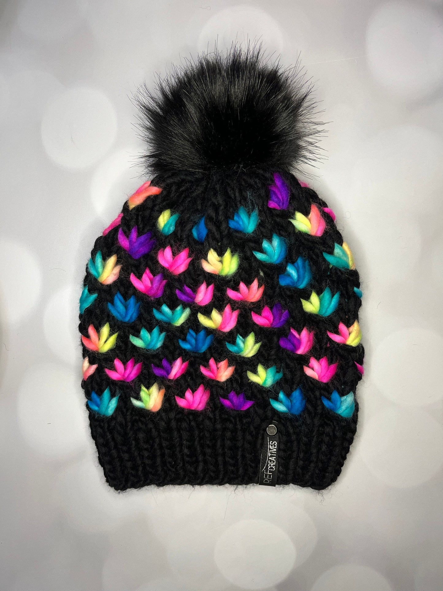 Luxury Rainbow Merino Wool Knit Hat - Black and Rainbow Lotus Flower Beanie Hand Knit Hat with Hand Dyed Yarn