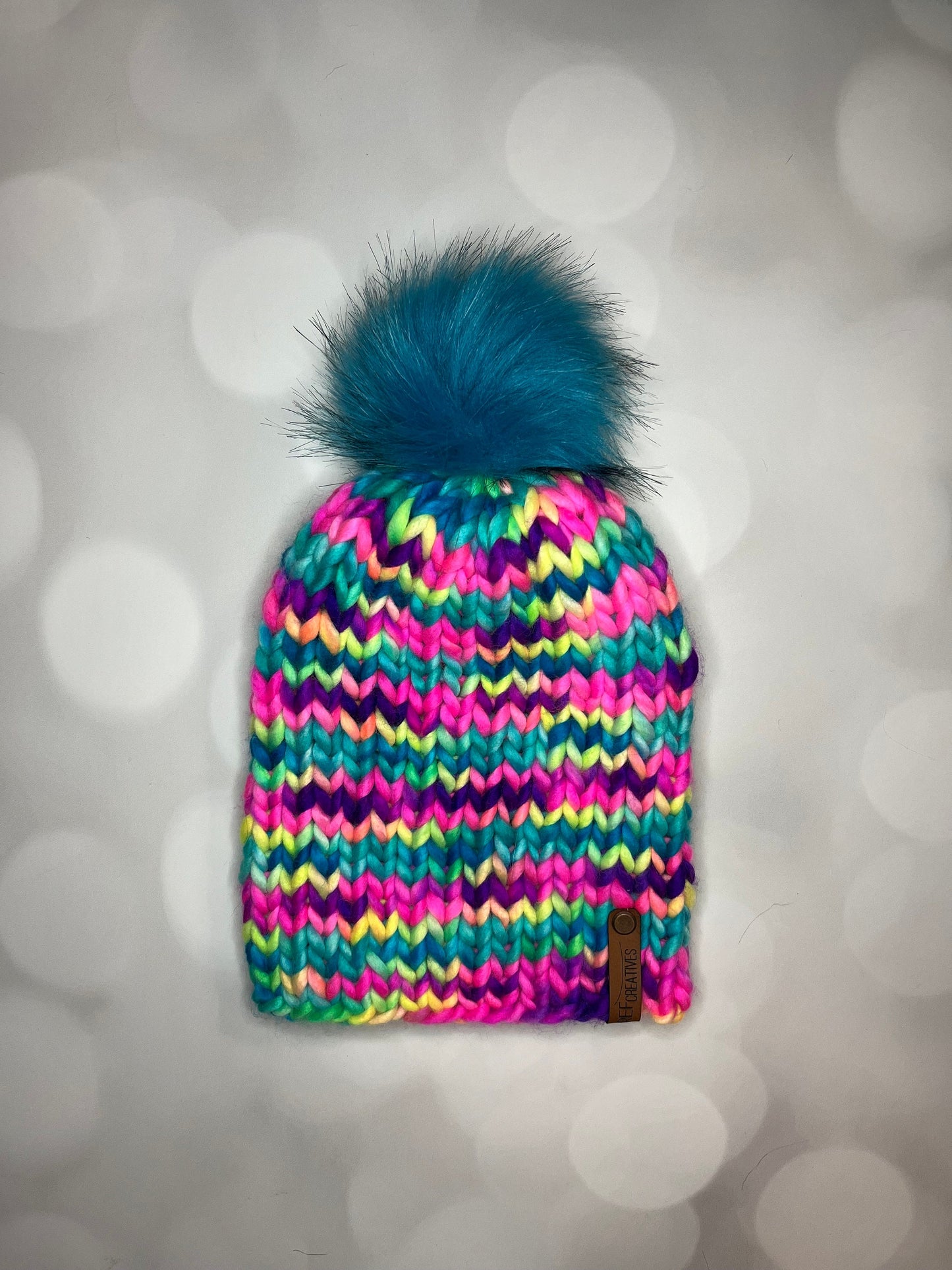 Luxury Rainbow Merino Wool Knit Hat - “90s Stickers” Beanie Hand Knit Hat with Hand Dyed Yarn
