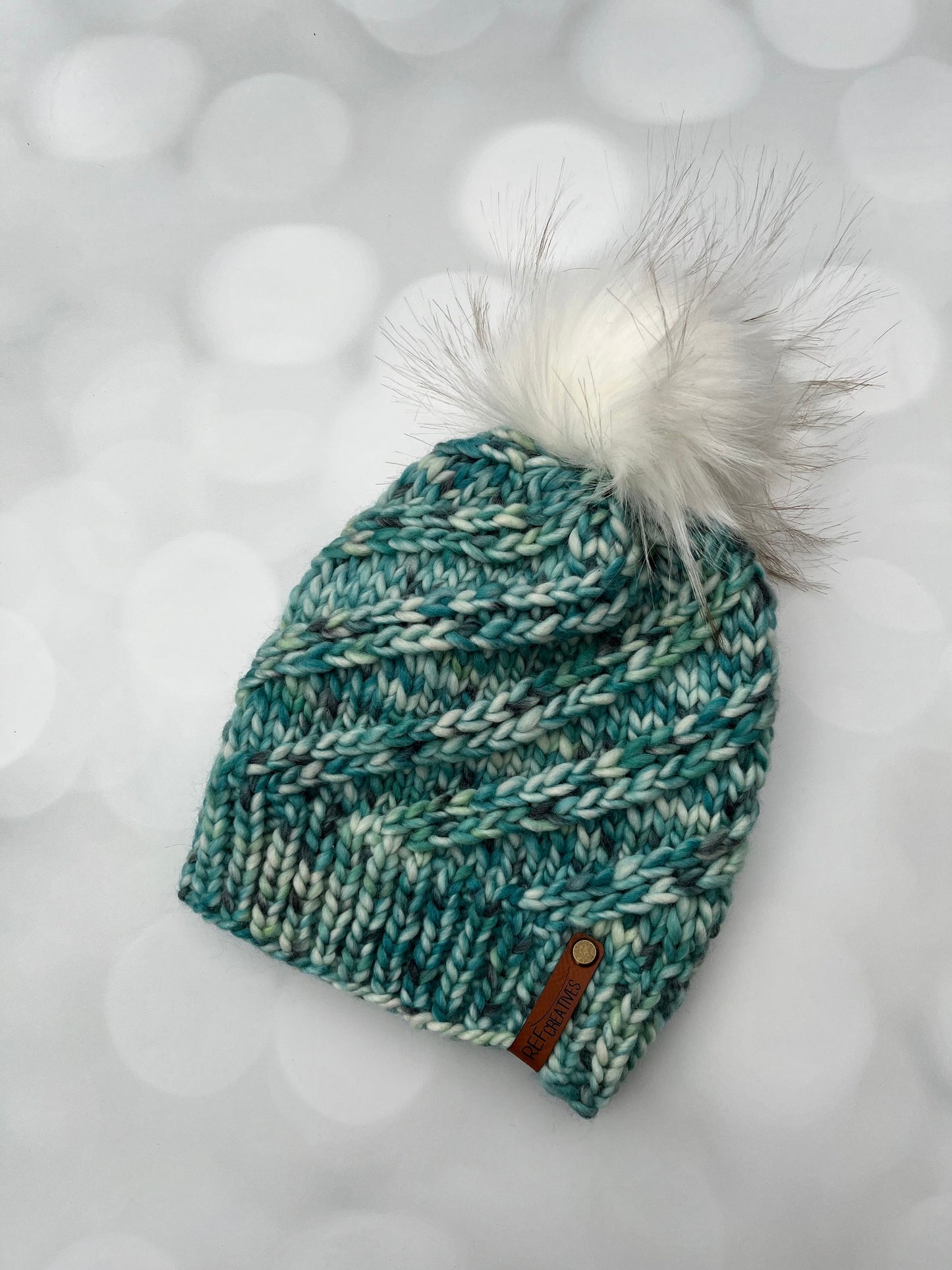 Luxury Teal Merino Wool Knit Hat - Teal and White Swirls Hand Knit Hat with Hand Dyed Yarn