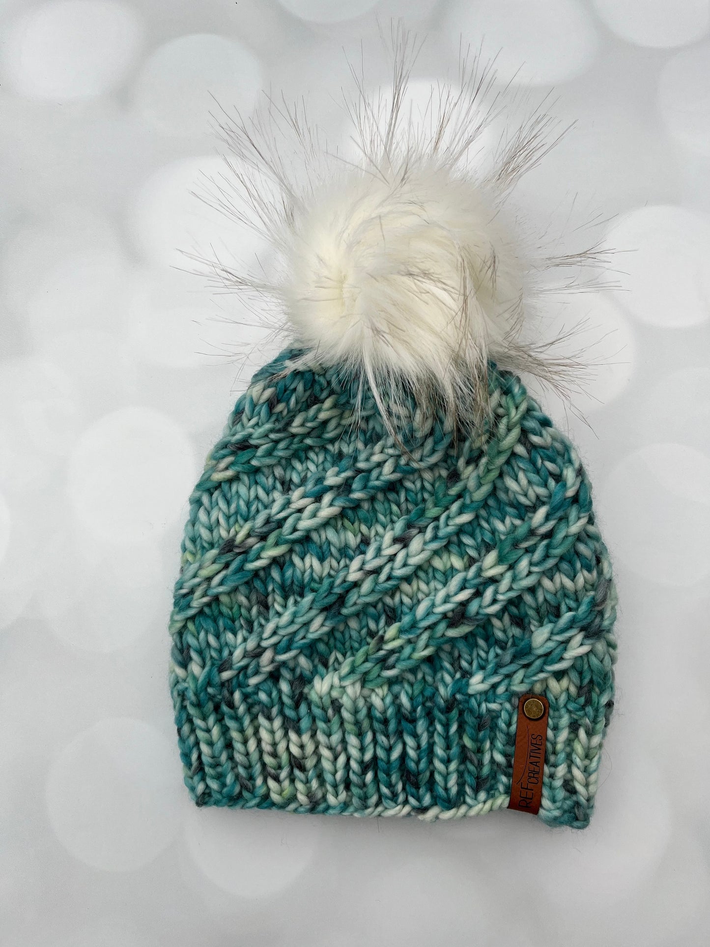 Luxury Teal Merino Wool Knit Hat - Teal and White Swirls Hand Knit Hat with Hand Dyed Yarn