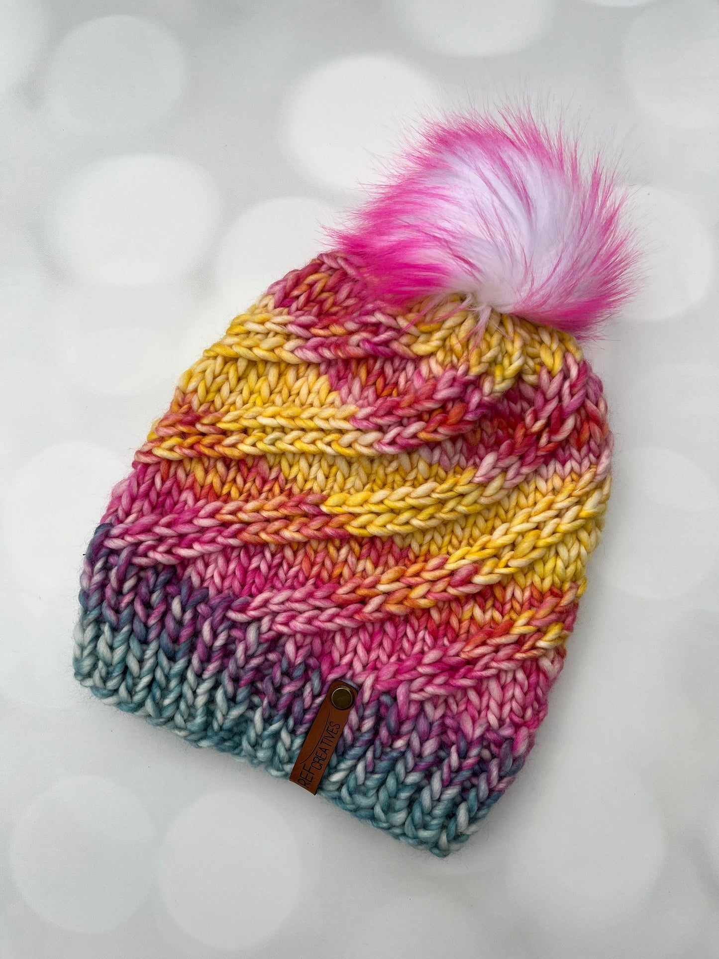 Luxury Rainbow Merino Wool Knit Hat - Teal, Pink, Purple, Yellow, and Orange Striped Swirls Hand Knit Hat with Hand Dyed Yarn